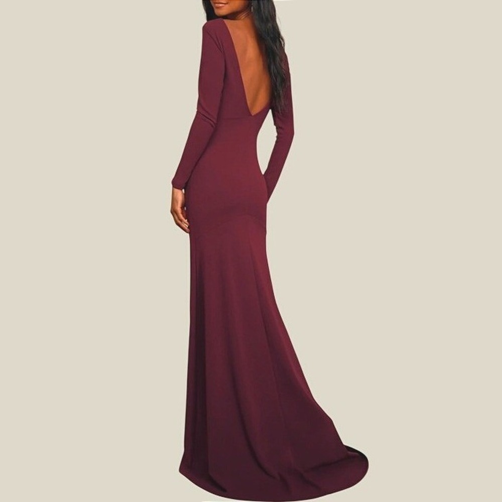 Lulus Wait For Me Burgundy Long Sleeve Sultry Vampire Glam Open Back Gown M